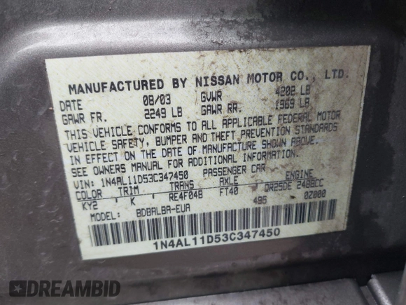 2003 Nissan Altima S z VIN 1N4AL11D53C347450, wystawiony jako IAAI lot #41523818 z przebiegiem 75 885 mil mil oraz . Historia ofert i sprzedaży dostępna na DreamBid. Obrazek 9.