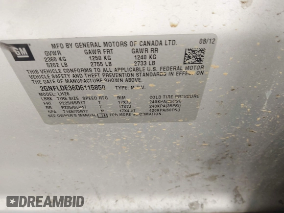 2013 Chevrolet Equinox LT with VIN 2GNFLDE36D6115850, listed as a IAAI auction lot 40676220 with 166,628 mi miles and . Bid and sale history available at DreamBid. Image 9.