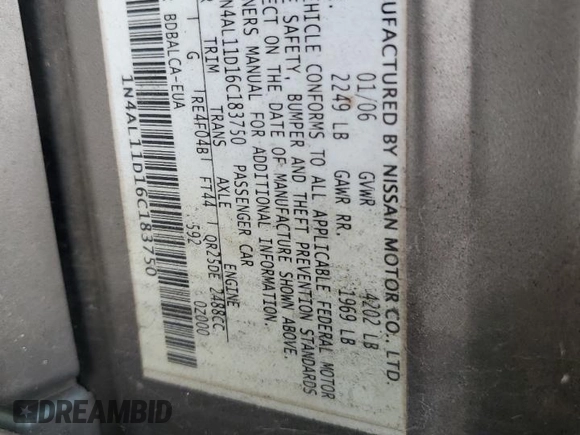 2006 Nissan Altima S with VIN 1N4AL11D16C183750, listed as a Copart auction lot 58472775 with Not provided miles and Clean title. Bid and sale history available at DreamBid. Image 12.