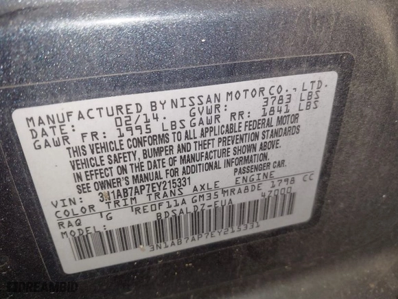 2014 Nissan Sentra SV with VIN 3N1AB7AP7EY215331, listed as a IAAI auction lot 41423935 with 200,419 mi miles. Bid and sale history available at carsss.com. Image 9.