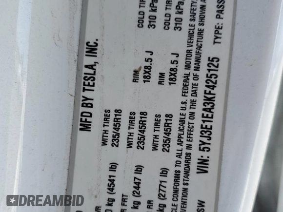 2019 Tesla Model 3 Mid Range with VIN 5YJ3E1EA3KF425125, listed as a Copart auction lot 56072995 with 105,345 mi miles and Salvage Title. Bid and sale history available at DreamBid. Image 12.