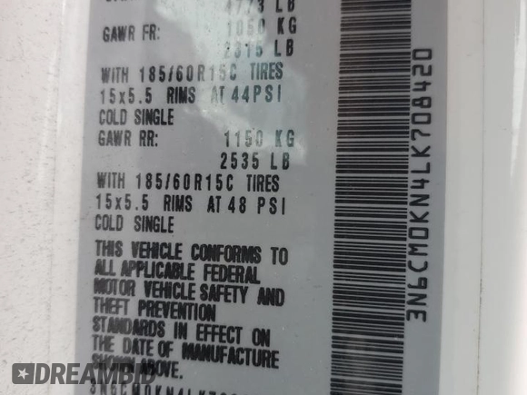 2020 Nissan NV200 SV with VIN 3N6CM0KN4LK708420, listed as a Copart auction lot 58688575 with 102,255 mi miles and Salvage title. Bid and sale history available at DreamBid. Image 13.