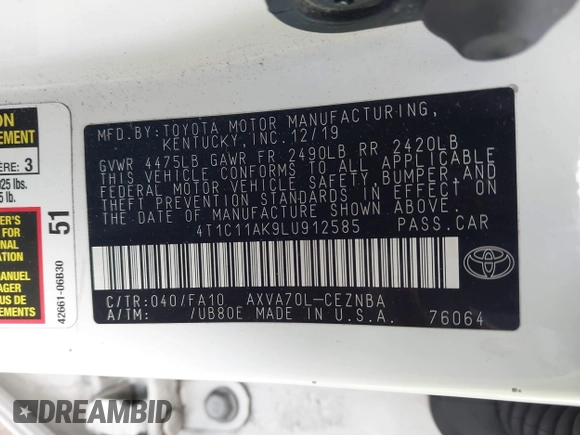 2020 Toyota Camry LE with VIN 4T1C11AK9LU912585, listed as a IAAI auction lot 41711816 with 142,751 mi miles. Bid and sale history available at carsss.com. Image 9.