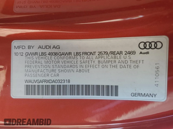 2013 Audi S5 Prestige z VIN WAUVGAFRXDA032318, wystawiony jako Copart lot #50405285 z przebiegiem 134 086 mil mil oraz Szkoda całkowita • Salvage title. Historia ofert i sprzedaży dostępna na DreamBid. Obrazek 13.