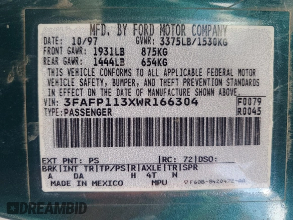 1998 Ford Escort ZX2 z VIN 3FAFP113XWR166304, wystawiony jako Copart lot #55238655 z przebiegiem 257 668 mil mil oraz Szkody całkowita. Historia ofert i sprzedaży dostępna na DreamBid. Obrazek 13.