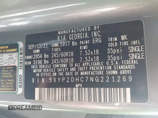 2022 Kia Telluride LX with VIN 5XYP2DHC7NG221269, listed as a IAAI auction lot 42045042 with 42,294 mi miles and . Bid and sale history available at DreamBid. Image 9.