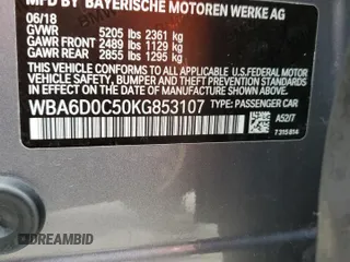 2019 BMW 6 Series 640i with VIN WBA6D0C50KG853107, listed as a Copart auction lot 61821333 with 37,188 mi miles and . Bid and sale history available at carsss.com. Image 12.