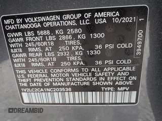 2022 Volkswagen Atlas SE with VIN 1V2LC2CA1NC203536, listed as a IAAI auction lot 42310598 with 28,724 mi miles and . Bid and sale history available at DreamBid. Image 9.