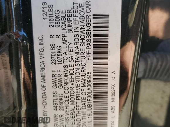 2020 Acura TLX with VIN 19UUB1F30LA009445, listed as a Copart auction lot 43421105 with 55,259 mi miles and Salvage Title. Bid and sale history available at carsss.com. Image 12.