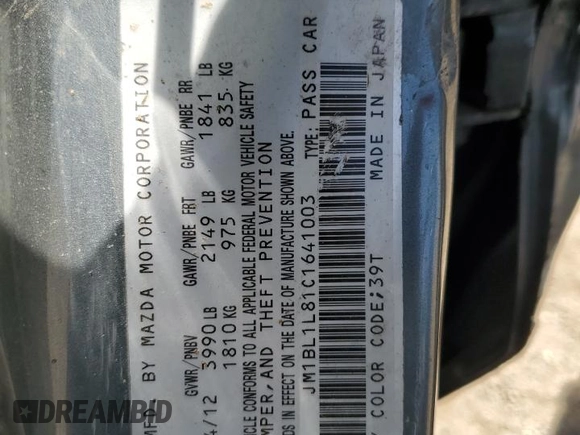 2012 Mazda 3 i Touring with VIN JM1BL1L81C1641003, listed as a Copart auction lot 62188105 with Not provided miles and Salvage title. Bid and sale history available at DreamBid. Image 13.