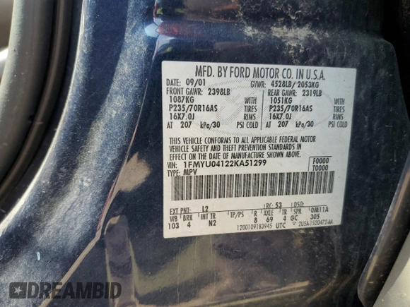 2002 Ford Escape XLT Choice with VIN 1FMYU04122KA51299, listed as a Copart auction lot 59089055 with Not provided miles and Salvage title. Bid and sale history available at DreamBid. Image 12.