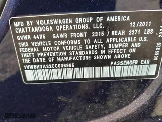 2012 Volkswagen Passat SE with VIN 1VWBH7A32CC036985, listed as a IAAI auction lot 41903135 with 116,376 mi miles. Bid and sale history available at carsss.com. Image 9.