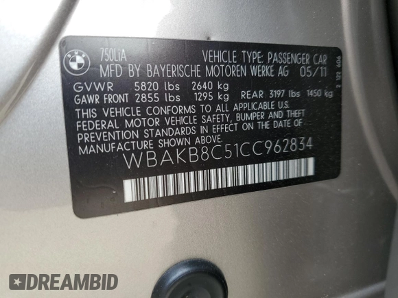 2012 BMW 7 Series 750Li with VIN WBAKB8C51CC962834, listed as a Copart auction lot 56592645 with 72,665 mi miles and Salvage title. Bid and sale history available at DreamBid. Image 12.