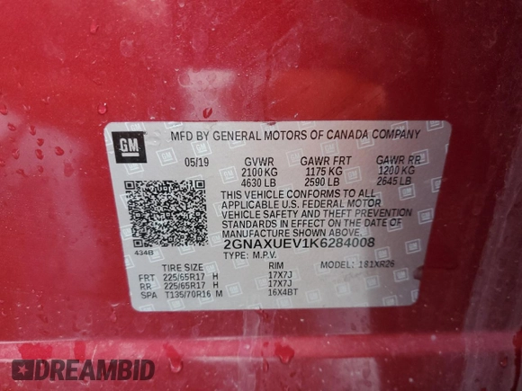 2019 Chevrolet Equinox LT with VIN 2GNAXUEV1K6284008, listed as a Copart auction lot 48969595 with 64,850 mi miles and Salvage Title. Bid and sale history available at carsss.com. Image 15.
