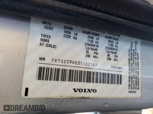 2003 Volvo V70 XC70 с VIN YV1SZ59H031102167, выставлен на аукционе Copart как лот 82382224 с пробегом 226 654 миль миль и Списание • Salvage title. История ставок и продаж доступна на DreamBid. Изображение 13.