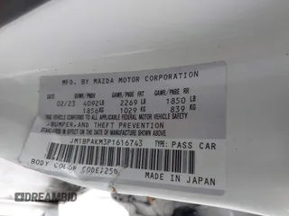 2023 Mazda 3 S Select with VIN JM1BPAKM3P1616743, listed as a IAAI auction lot 42248005 with Not provided miles and . Bid and sale history available at DreamBid. Image 9.