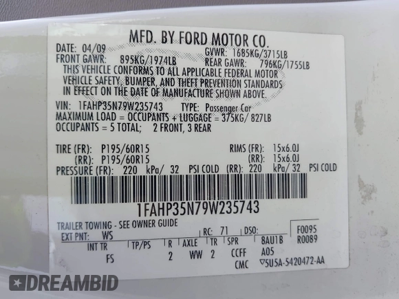 2009 Ford Focus SE z VIN 1FAHP35N79W235743, wystawiony jako IAAI lot #42086256 z przebiegiem 95 986 mil mil oraz . Historia ofert i sprzedaży dostępna na DreamBid. Obrazek 9.