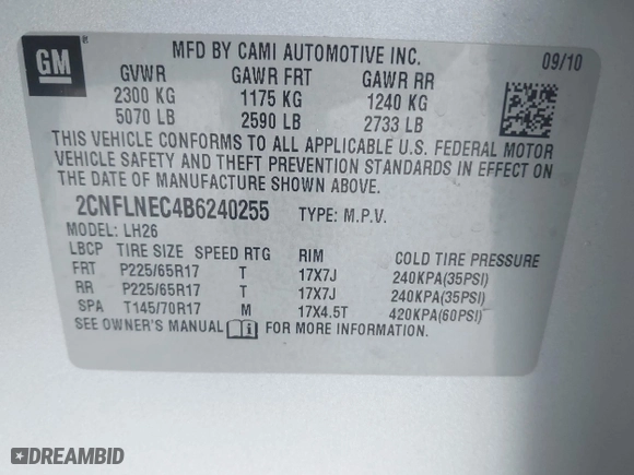 2011 Chevrolet Equinox LT w/2LT with VIN 2CNFLNEC4B6240255, listed as a IAAI auction lot 42004972 with 219,571 mi miles. Bid and sale history available at carsss.com. Image 9.