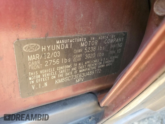2003 Hyundai Santa Fe LX with VIN KM8SC73E63U489772, listed as a Copart auction lot 77115994 with 137,579 mi miles and Salvage Title. Bid and sale history available at carsss.com. Image 13.