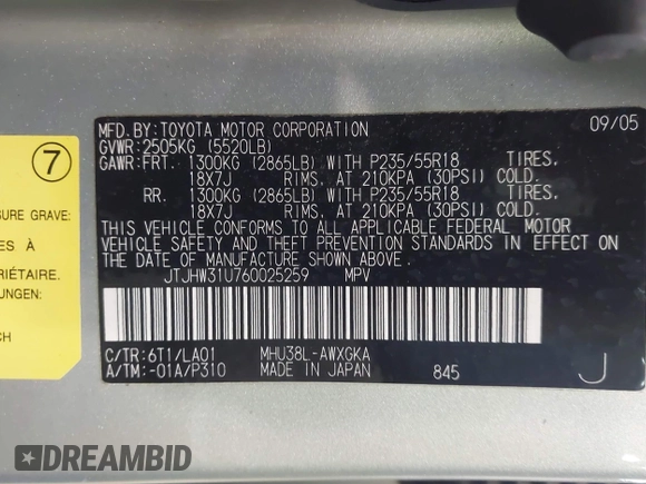 2006 Lexus RX 400h with VIN JTJHW31U760025259, listed as a IAAI auction lot 42743434 with 207,558 mi miles and . Bid and sale history available at DreamBid. Image 9.