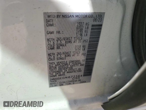 2023 Nissan Frontier Pro-X with VIN 1N6ED1EJ1PN672564, listed as a Copart auction lot 49304865 with 13,575 mi miles and Salvage title. Bid and sale history available at DreamBid. Image 13.