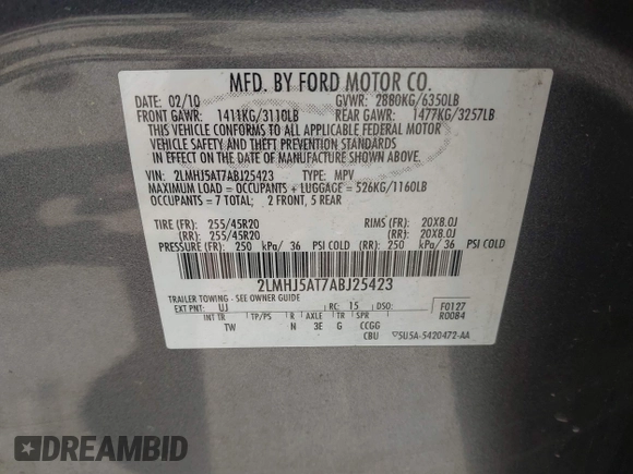 2010 Lincoln MKT EcoBoost with VIN 2LMHJ5AT7ABJ25423, listed as a IAAI auction lot 42048594 with 211,204 mi miles and . Bid and sale history available at DreamBid. Image 9.