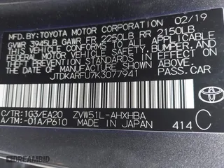 2019 Toyota Prius L Eco with VIN JTDKARFU7K3077941, listed as a IAAI auction lot 41865759 with 254,612 mi miles. Bid and sale history available at carsss.com. Image 9.