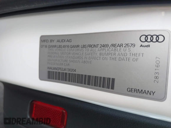2018 Audi A5 Sportback Premium with VIN WAUANCF52JA130204, listed as a IAAI auction lot 42392730 with 79,466 mi miles and . Bid and sale history available at DreamBid. Image 9.