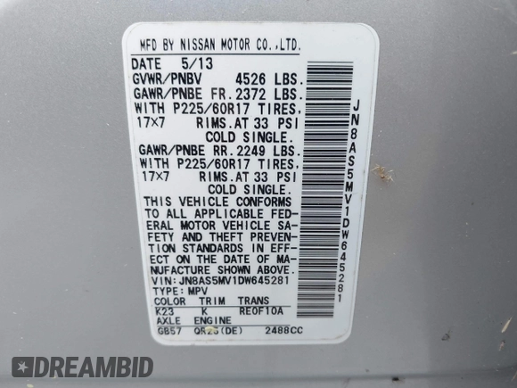 2013 Nissan Rogue S with VIN JN8AS5MV1DW645281, listed as a IAAI auction lot 42035789 with 124,423 mi miles and . Bid and sale history available at DreamBid. Image 9.
