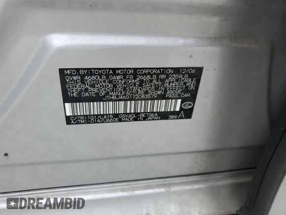 2007 Lexus ES 330 with VIN JTHBJ46G172083579, listed as a Copart auction lot 53836425 with 310,082 mi miles and Salvage Title. Bid and sale history available at DreamBid. Image 12.