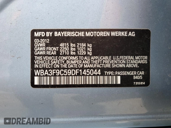 2013 BMW 3 Series ActiveHybrid 3 with VIN WBA3F9C59DF145044, listed as a Copart auction lot 43006015 with 85,046 mi miles and Salvage Title. Bid and sale history available at carsss.com. Image 12.