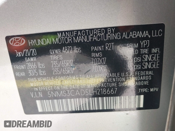 2020 Hyundai Santa Fe SEL with VIN 5NMS3CAD5LH218667, listed as a IAAI auction lot 41025347 with 81,632 mi miles and . Bid and sale history available at DreamBid. Image 9.