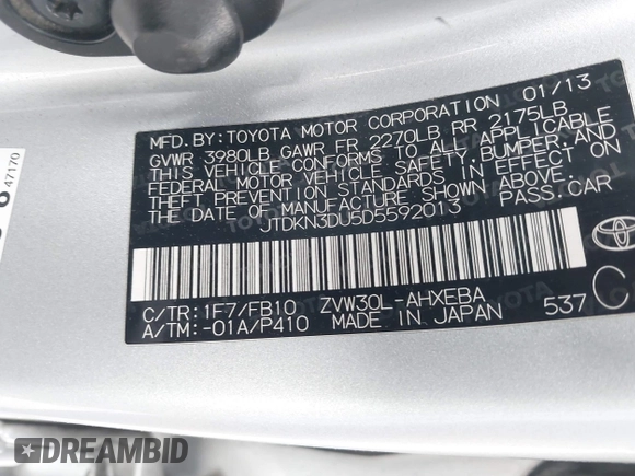 2013 Toyota Prius One with VIN JTDKN3DU5D5592013, listed as a IAAI auction lot 42036685 with 236,097 mi miles and . Bid and sale history available at DreamBid. Image 9.