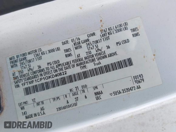 2016 Ford F-150 XL with VIN 1FTMF1CP1GKD40822, listed as a IAAI auction lot 42500934 with 235,314 mi miles and . Bid and sale history available at DreamBid. Image 9.