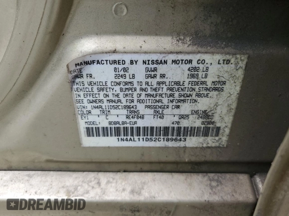 2002 Nissan Altima S with VIN 1N4AL11D52C189643, listed as a Copart auction lot 55979065 with Not provided miles and Salvage title. Bid and sale history available at DreamBid. Image 13.