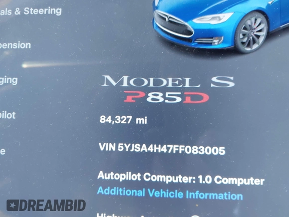 2015 Tesla Model S 85D with VIN 5YJSA4H47FF083005, listed as a IAAI auction lot 40970624 with 84,327 mi miles. Bid and sale history available at carsss.com. Image 16.