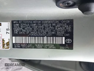 2008 Toyota Prius with VIN JTDKB20U583412331, listed as a IAAI auction lot 41745954 with 229,378 mi miles and . Bid and sale history available at DreamBid. Image 9.