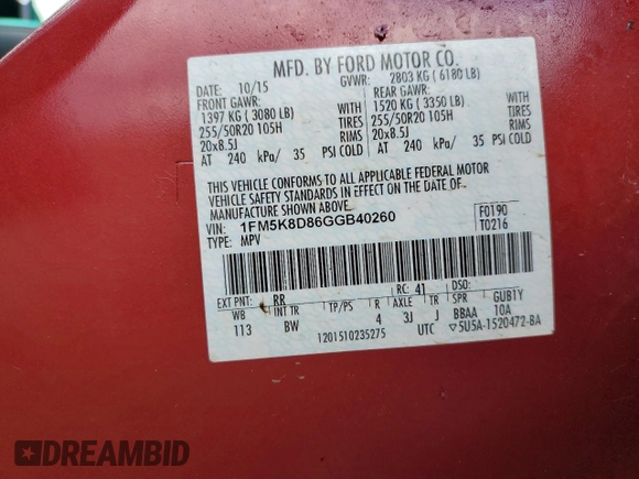 2016 Ford Explorer XLT with VIN 1FM5K8D86GGB40260, listed as a Copart auction lot 51301535 with 75,152 mi miles and Salvage Title. Bid and sale history available at carsss.com. Image 15.
