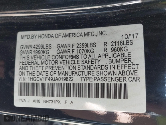 2018 Honda Accord EX with VIN 1HGCV1F49JA019822, listed as a IAAI auction lot 41761969 with 112,507 mi miles and . Bid and sale history available at DreamBid. Image 9.