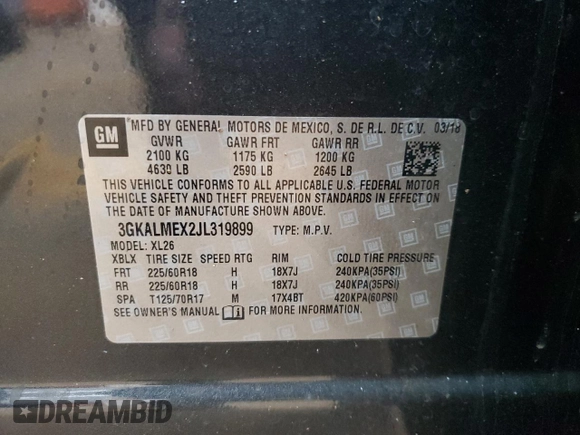 2018 GMC Terrain SLE with VIN 3GKALMEX2JL319899, listed as a Copart auction lot 44571145 with 58,698 mi miles and Salvage Title. Bid and sale history available at carsss.com. Image 15.