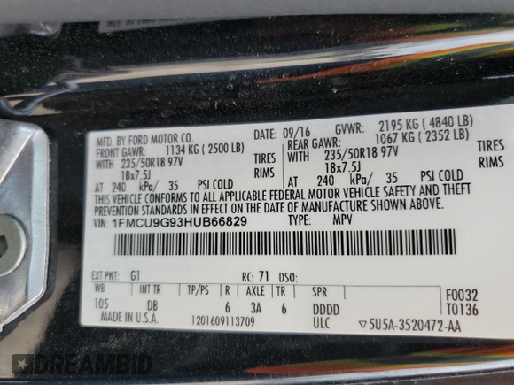 2017 Ford Escape SE with VIN 1FMCU9G93HUB66829, listed as a Copart auction lot 69093414 with 99,569 mi miles and Salvage Title. Bid and sale history available at carsss.com. Image 14.