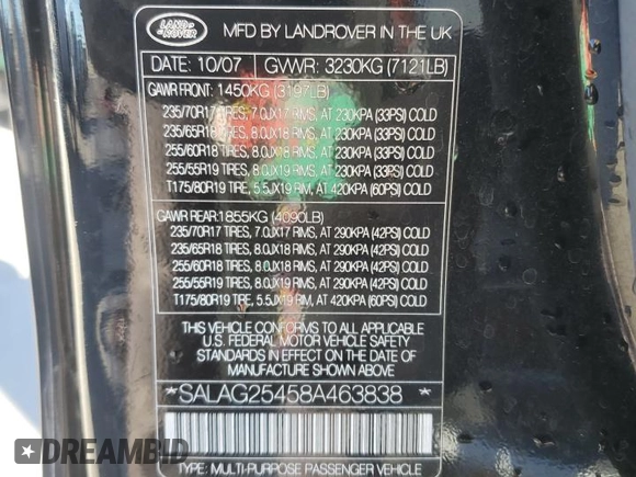 2008 Land Rover LR3 HSE with VIN SALAG25458A463838, listed as a Copart auction lot 83824674 with 97,066 mi miles and Salvage title. Bid and sale history available at DreamBid. Image 13.
