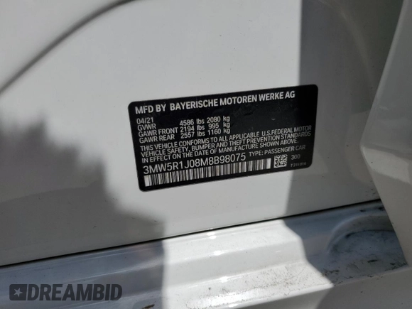 2021 BMW 3 Series 330i with VIN 3MW5R1J08M8B98075, listed as a Copart auction lot 54452025 with 51,191 mi miles and Salvage title. Bid and sale history available at DreamBid. Image 12.