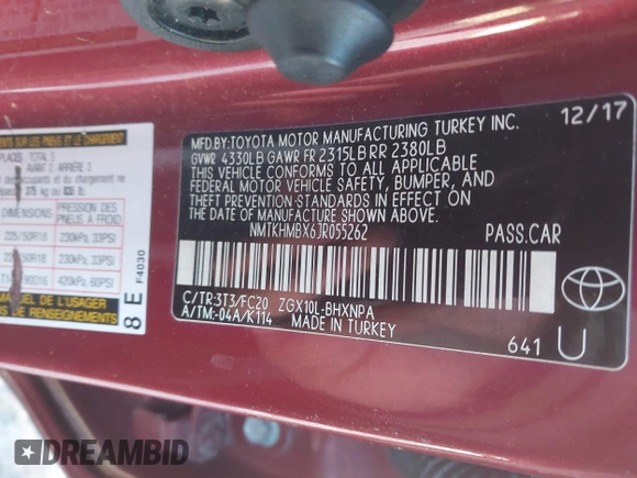 2018 Toyota C-HR XLE with VIN NMTKHMBX6JR055262, listed as a IAAI auction lot 41338914 with 72,501 mi miles and . Bid and sale history available at DreamBid. Image 9.