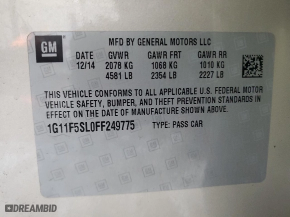2015 Chevrolet Malibu LTZ with VIN 1G11F5SL0FF249775, listed as a Copart auction lot 87805375 with 154,307 mi miles and Salvage Title. Bid and sale history available at carsss.com. Image 15.