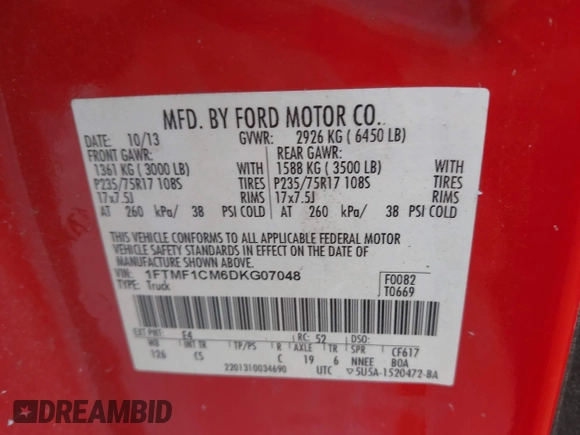 2013 Ford F-150 XL with VIN 1FTMF1CM6DKG07048, listed as a IAAI auction lot 42019058 with 123,338 mi miles and . Bid and sale history available at carsss.com. Image 9.
