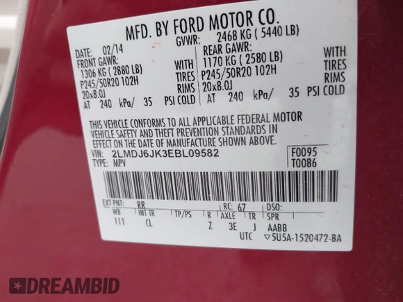 2014 Lincoln MKX with VIN 2LMDJ6JK3EBL09582, listed as a IAAI auction lot 41520611 with 157,022 mi miles. Bid and sale history available at carsss.com. Image 9.