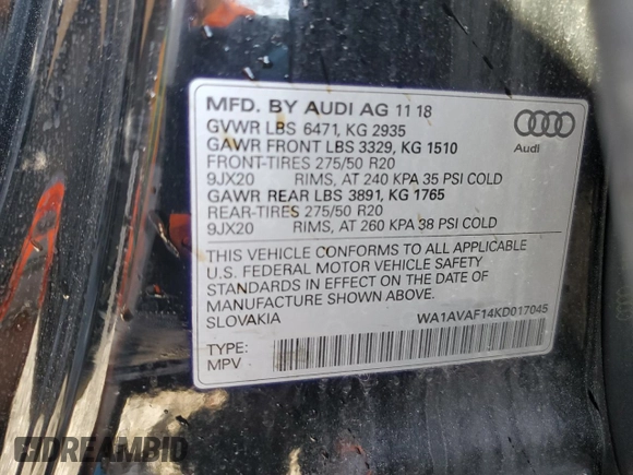 2019 Audi Q8 Premium z VIN WA1AVAF14KD017045, wystawiony jako Copart lot #54085185 z przebiegiem 78 342 mil mil oraz Szkoda całkowita • Salvage title. Historia ofert i sprzedaży dostępna na DreamBid. Obrazek 13.