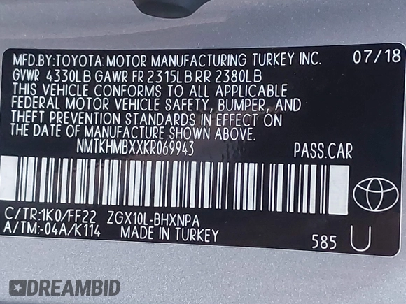 2019 Toyota C-HR XLE with VIN NMTKHMBXXKR069943, listed as a IAAI auction lot 40746144 with 85,713 mi miles and . Bid and sale history available at DreamBid. Image 9.