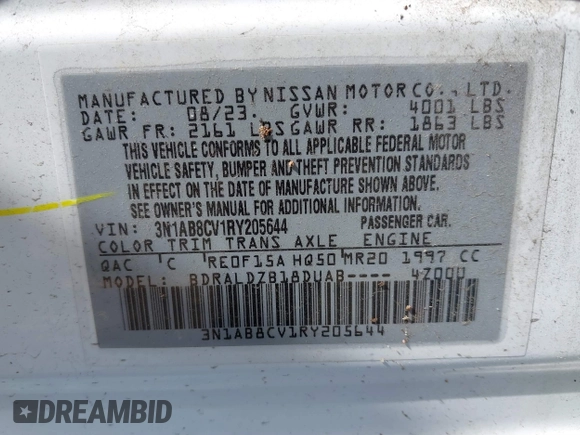 2024 Nissan Sentra SV with VIN 3N1AB8CV1RY205644, listed as a IAAI auction lot 41778439 with 40,266 mi miles and . Bid and sale history available at DreamBid. Image 9.